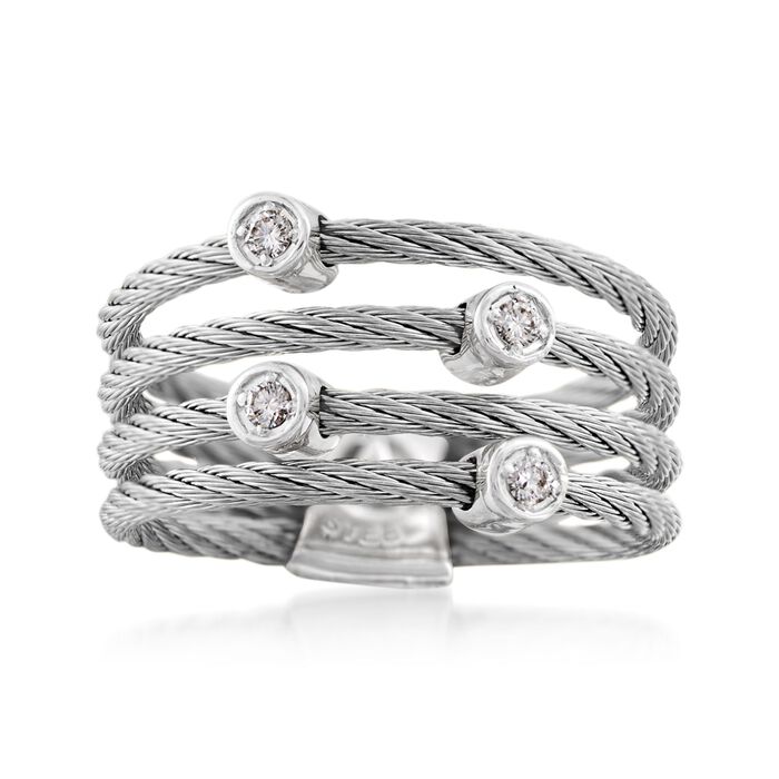 ALOR &quot;Classique&quot; Gray Stainless Steel Cable Ring with Diamond Stations and 18kt White Gold