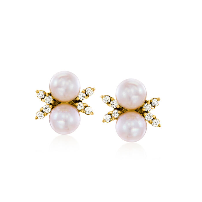 C. 1990 Vintage 6.5mm Cultured Pearl and .40 ct. t.w. Diamond Earrings in 14kt Yellow Gold