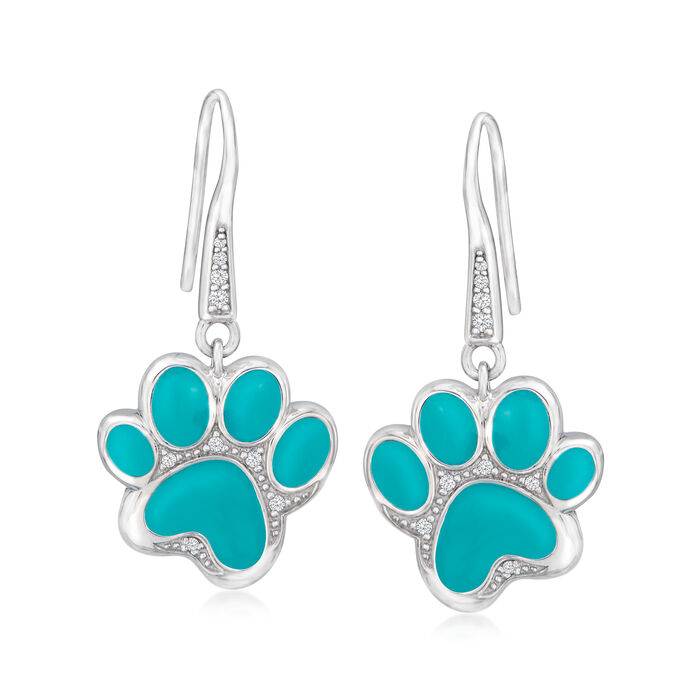 Belle Etoile &quot;Paw Prints&quot; Turquoise Enamel Drop Earrings with .10 ct. t.w. CZs in Sterling Silver