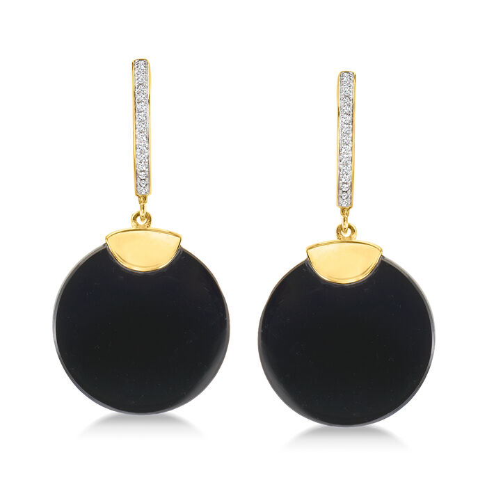 Black Agate and .10 ct. t.w. Diamond Hoop Drop Earrings in 18kt Gold Over Sterling