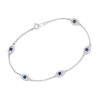 .30 ct. t.w. CZ and .20 ct. t.w. Simulated Sapphire Evil Eye Station Bracelet in Sterling Silver