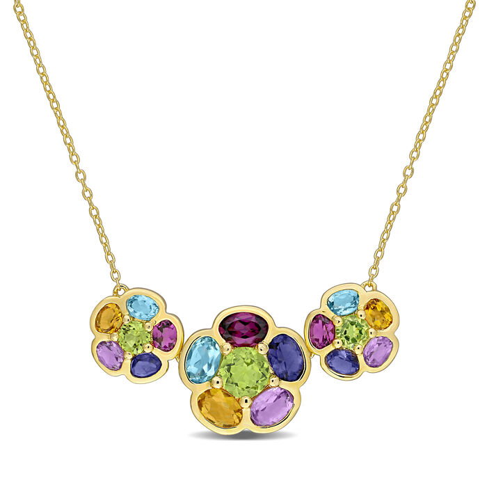 5.30 ct. t.w. Multi-Gemstone Triple-Floral Necklace in 18kt Gold Over Sterling