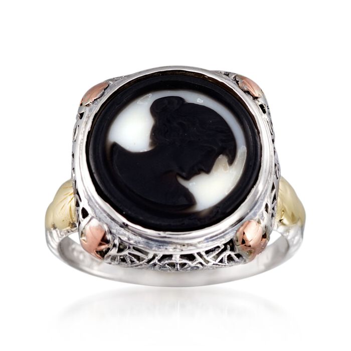 C. 1950 Vintage Black Agate Cameo Ring in 14kt Tri-Colored Gold