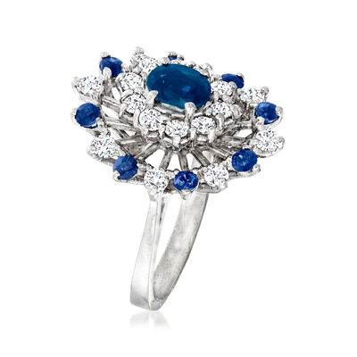 C. 1970 Vintage 1.30 ct. t.w. Sapphire Cluster Ring with .75 ct. t.w. Diamonds in 14kt White Gold
