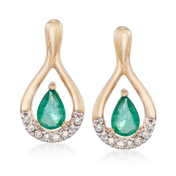 .90 ct. t.w. Emerald and .12 ct. t.w. Diamond Drop Earrings in 14kt Yellow Gold