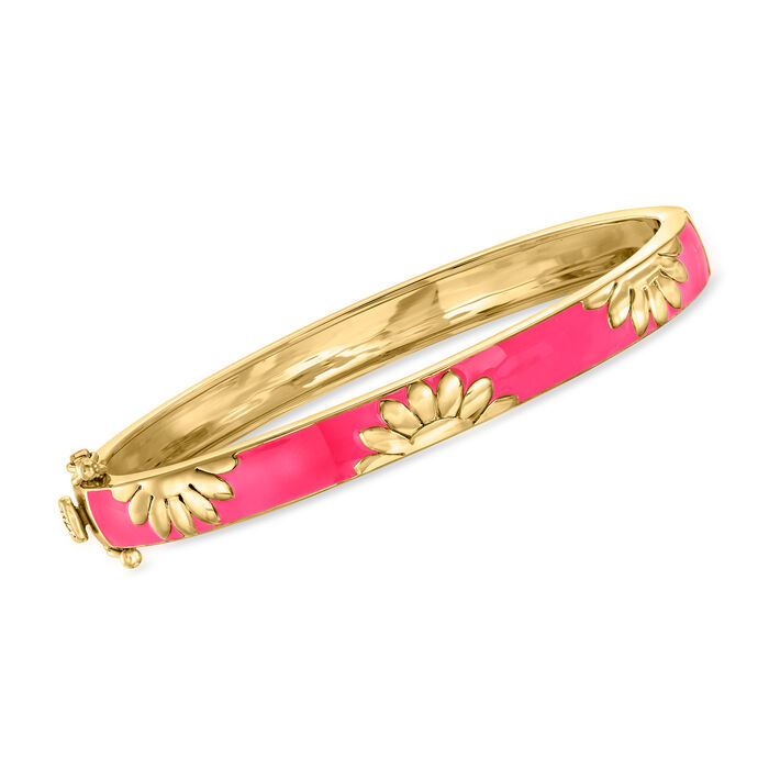 Pink Enamel Floral Bangle Bracelet in 18kt Gold Over Sterling