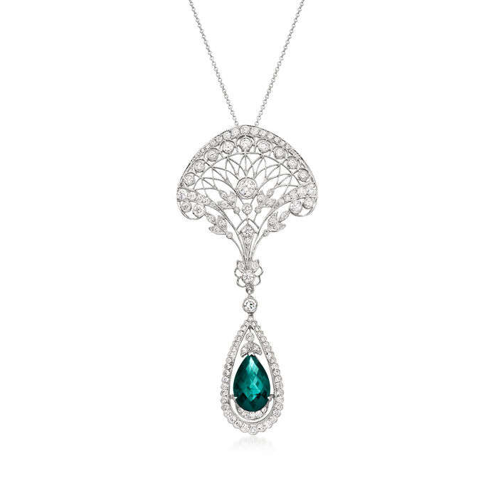 C. 2000 Vintage 4.95 Carat Green Tourmaline and 3.52 ct. t.w. Diamond Pendant Necklace in 14kt and 18kt White Gold