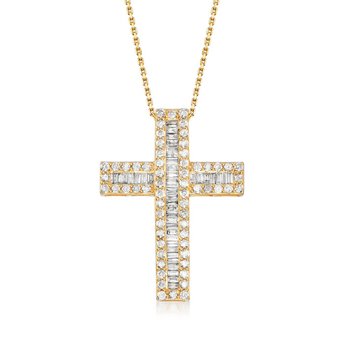 3.00 ct. t.w. Baguette and Round Diamond Cross Pendant Necklace in 18kt Gold Over Sterling