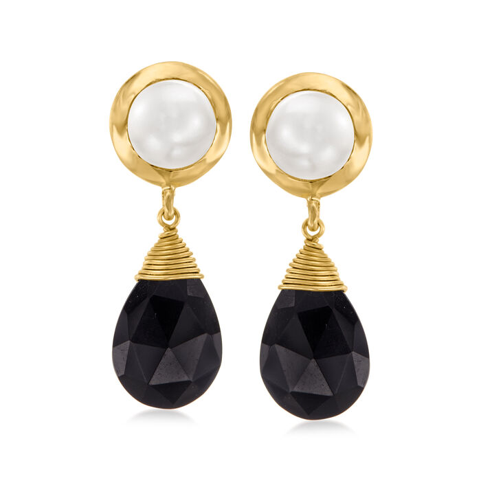 7.5-8mm Cultured Pearl and Black Onyx Drop Earrings in 18kt Gold Over Sterling