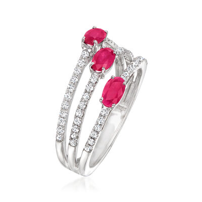 .80 ct. t.w. Ruby and .40 ct. t.w. Diamond Three-Row Ring in 14kt White Gold