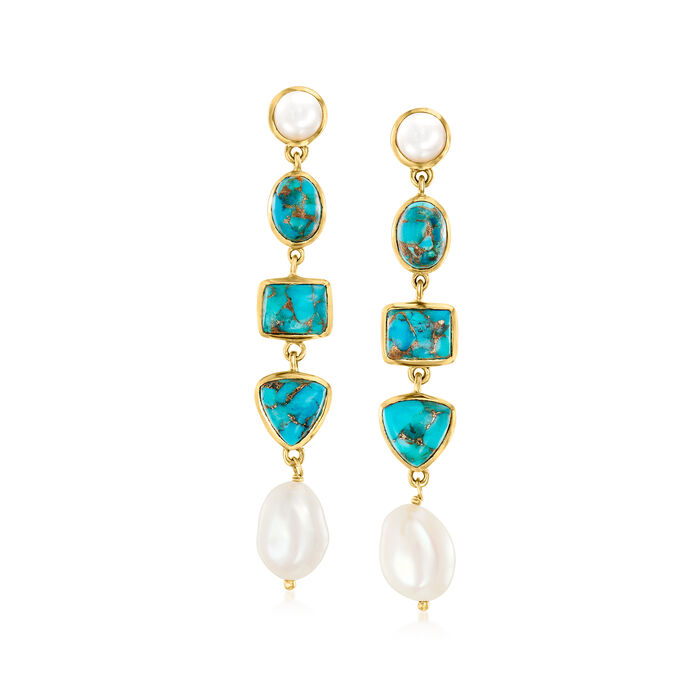 Turquoise and 6-9mm Cultured Pearl Drop Earrings in 18kt Gold Over Sterling