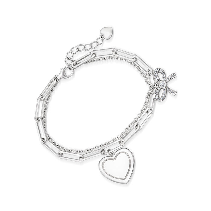 .19 ct. t.w. CZ Heart and Bow Paper Clip Link Charm Bracelet in Sterling Silver