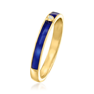 Diamond-Accented Blue Enamel Ring in 18kt Gold Over Sterling