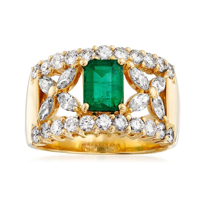C. 1980 Vintage .90 Carat Emerald and 1.45 ct. t.w. Diamond Ring in 18kt Yellow Gold