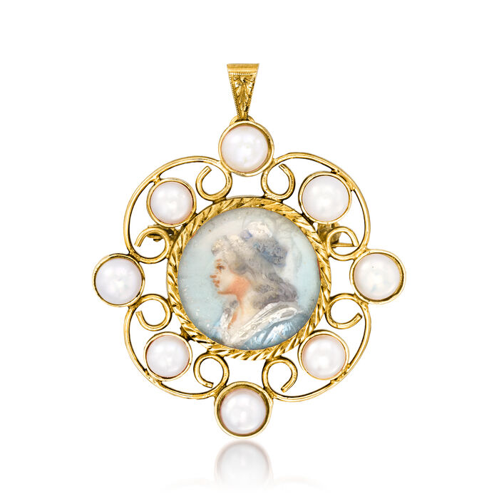 C. 1950 Vintage Painted Portrait Pin/Pendant with 5.5mm Cultured Pearls in 18kt Yellow Gold