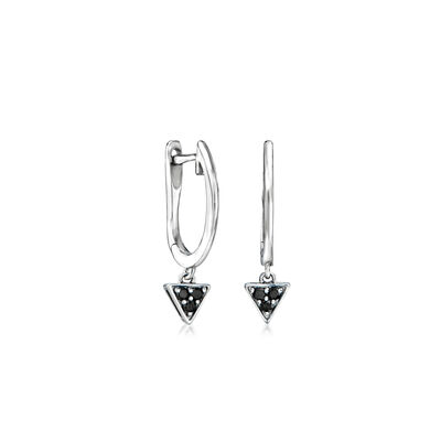 Black Diamond-Accented Triangle Hoop Drop Earrings in Sterling Silver