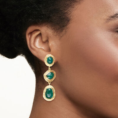 17.90 ct. t.w. Emerald Station Drop Earrings in 18kt Gold Over Sterling