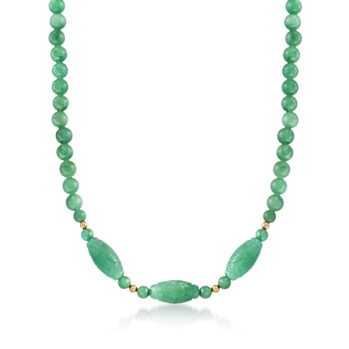6-22mm Carved Green Jade Bead Necklace with 14kt Yellow Gold