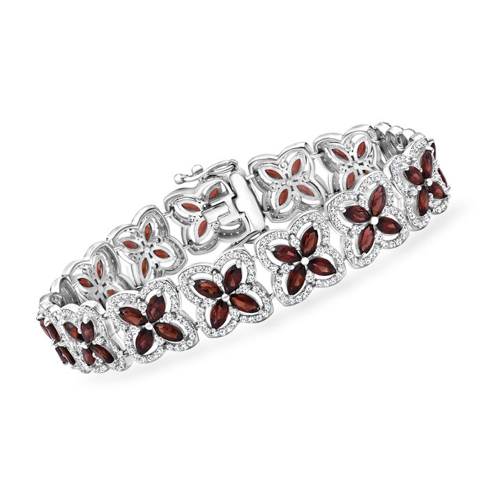 9.50 ct. t.w. Garnet and 3.20 ct. t.w. White Topaz Clover Station Bracelet in Sterling Silver