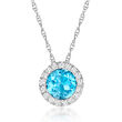 Gabriel Designs .60 Carat Swiss Blue Topaz Halo Necklace with Diamond Accents in Sterling Silver