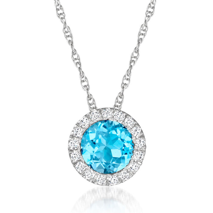 Gabriel Designs .60 Carat Swiss Blue Topaz Halo Necklace with Diamond Accents in Sterling Silver