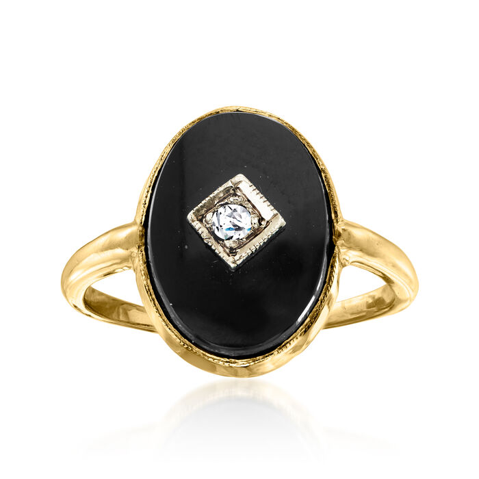 C. 1960 Vintage Onyx Ring with Diamond Accent in 14kt Yellow Gold