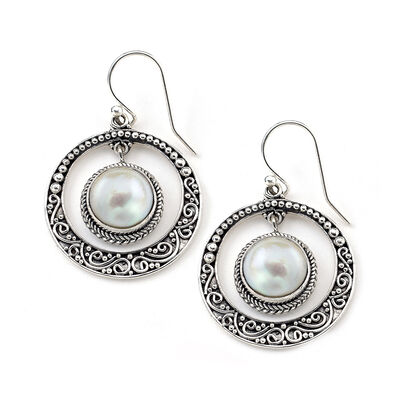 10mm Cultured Mabe Pearl Bali-Style Circle Drop Earrings in Sterling Silver
