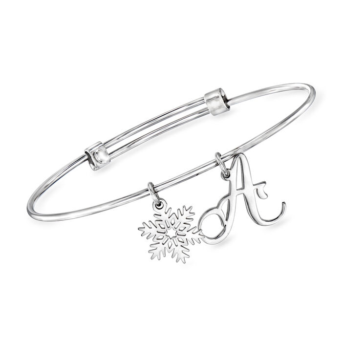 Sterling Silver Personalized Single-Initial Bangle Bracelet with Snowflake Charm