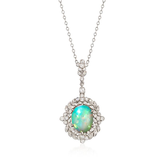 C. 2000 Vintage Opal and .35 ct. t.w. Diamond Floral Pendant Necklace in 14kt White Gold