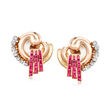 C. 1940 Vintage 1.15 ct. t.w. Ruby and .60 ct. t.w. Diamond Swirl Earrings in 14kt Rose Gold and Palladium