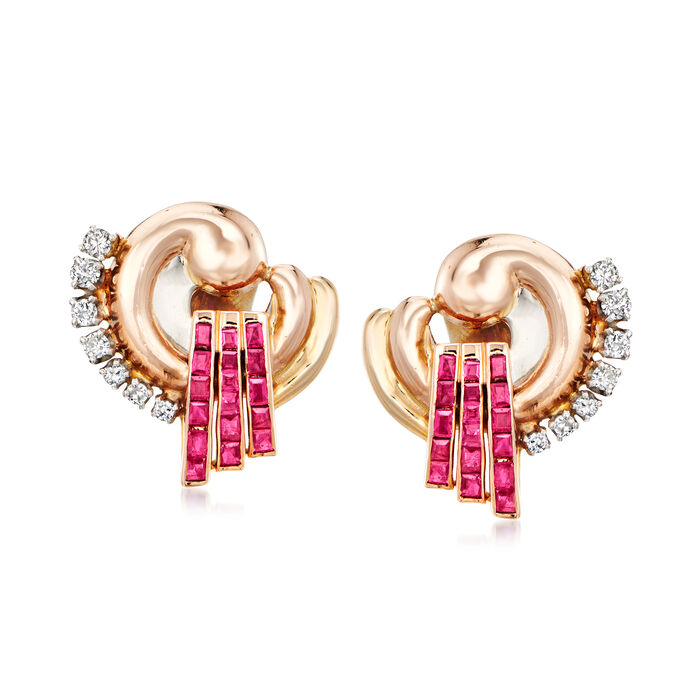 C. 1940 Vintage 1.15 ct. t.w. Ruby and .60 ct. t.w. Diamond Swirl Earrings in 14kt Rose Gold and Palladium
