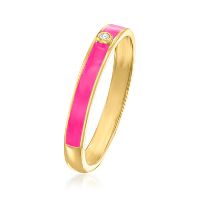 Diamond-Accented Pink Enamel Ring in 18kt Gold Over Sterling