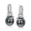 10-11mm Black Cultured Tahitian Pearl and .50 ct. t.w. Diamond Coiled Drop Earrings in 14kt White Gold
