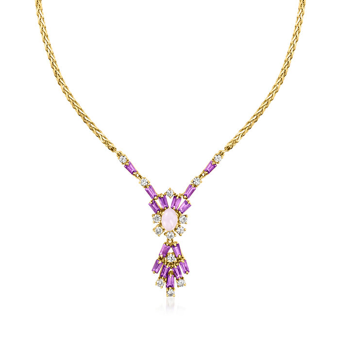 C. 1990 Vintage Lavender Jade, 2.00 ct. t.w. Amethyst and 1.00 ct. t.w. Diamond Drop Necklace in 14kt Yellow Gold