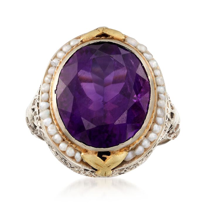 C. 1950 Vintage 7.60 Carat Amethyst and Pearl Ring in 14kt Two-Tone Gold