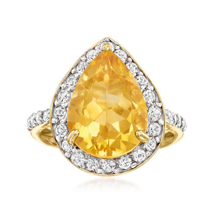 4.90 Carat Pear-Shaped Citrine and 1.10 ct. t.w. White Topaz Ring in 14kt Yellow Gold