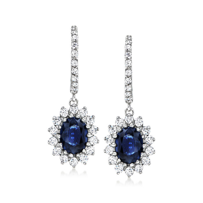 3.20 ct. t.w. Sapphire and 1.19 ct. t.w. Diamond Flower Drop Earrings in 14kt White Gold
