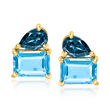 1.90 ct. t.w. Swiss Blue Topaz and .70 ct. t.w. London Blue Topaz Toi et Moi Earrings in 18kt Gold Over Sterling
