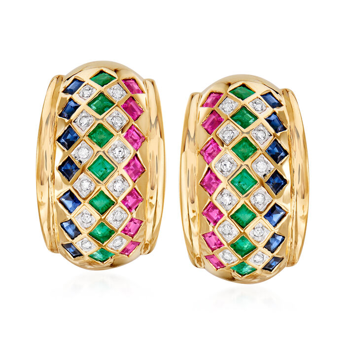 C. 1980 Vintage 3.15 ct. t.w. Multi-Gem Checkerboard Earrings with Diamond Accents in 14kt Yellow Gold