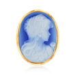C. 1980 Vintage Blue Agate Cameo Pin/Pendant in 18kt Yellow Gold