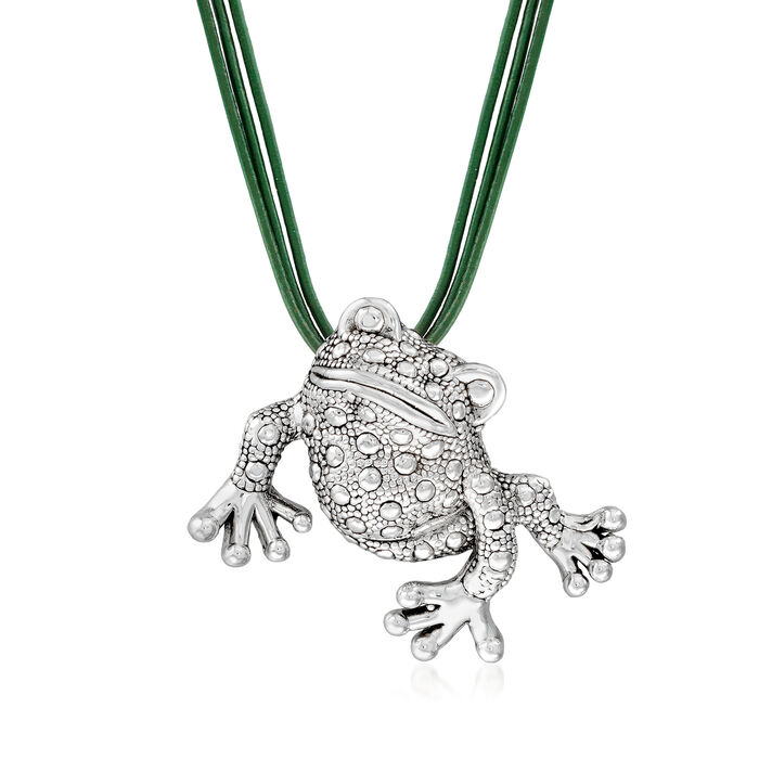 Sterling Silver Over Resin Frog Pendant Necklace with Green Leather Cords