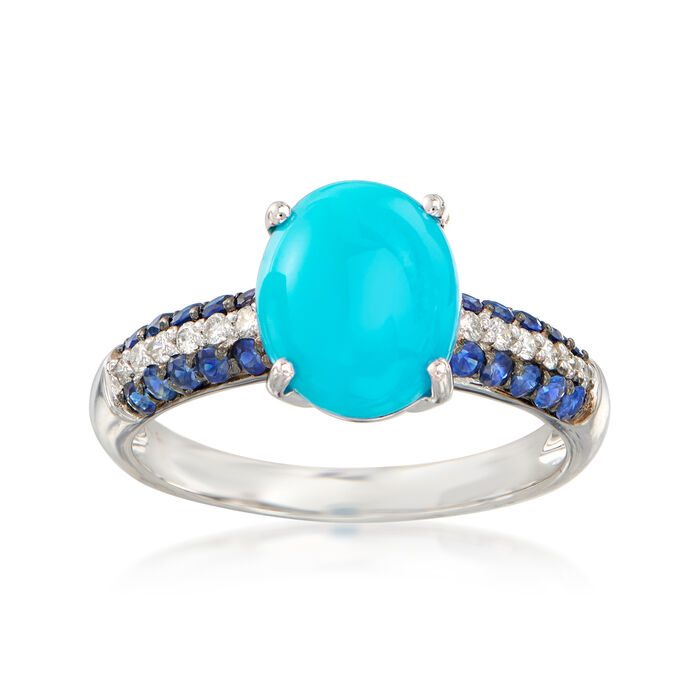 Turquoise, .30 ct. t.w. Sapphire and .10 ct. t.w. Diamond Ring in 14kt White Gold