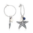 4.5-5mm Cultured Pearl and Lapis Starfish Hoop Drop Earrings in Sterling Silver