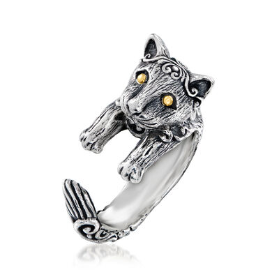 Sterling Silver Bali-Style Cat Wrap Ring with 18kt Yellow Gold