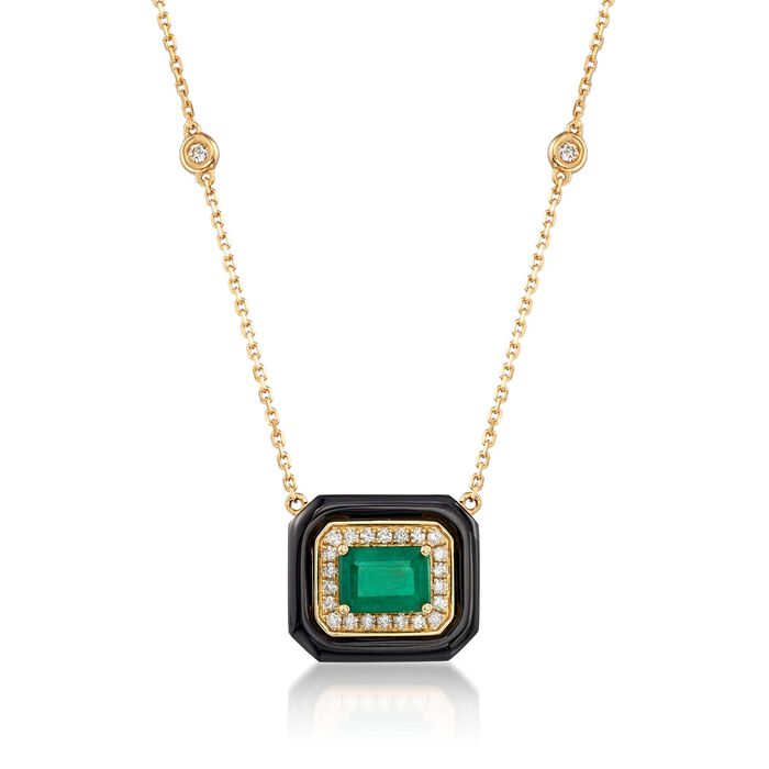 1.00 Carat Emerald and Black Onyx Necklace with .17 ct. t.w. Diamonds in 18kt Yellow Gold