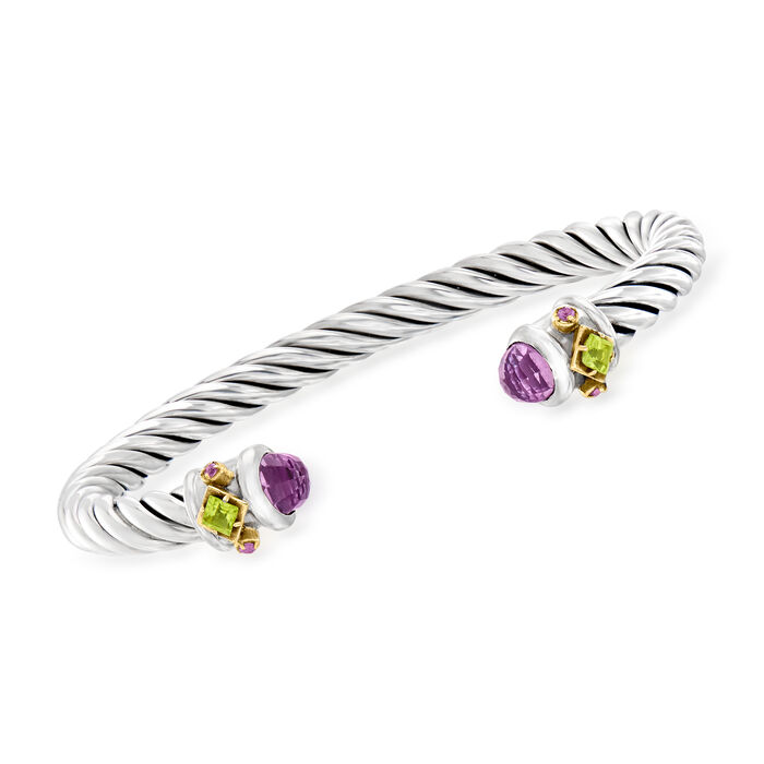 Phillip Gavriel &quot;Italian Cable&quot; 2.46 ct. t.w. Amethyst and .50 ct. t.w. Peridot Cuff Bracelet in Sterling Silver with 18kt Yellow Gold