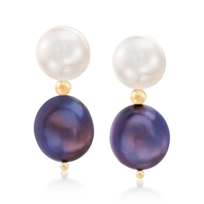 10-11.5mm Black and White Pearl Drop Earrings with 14kt Yellow Gold