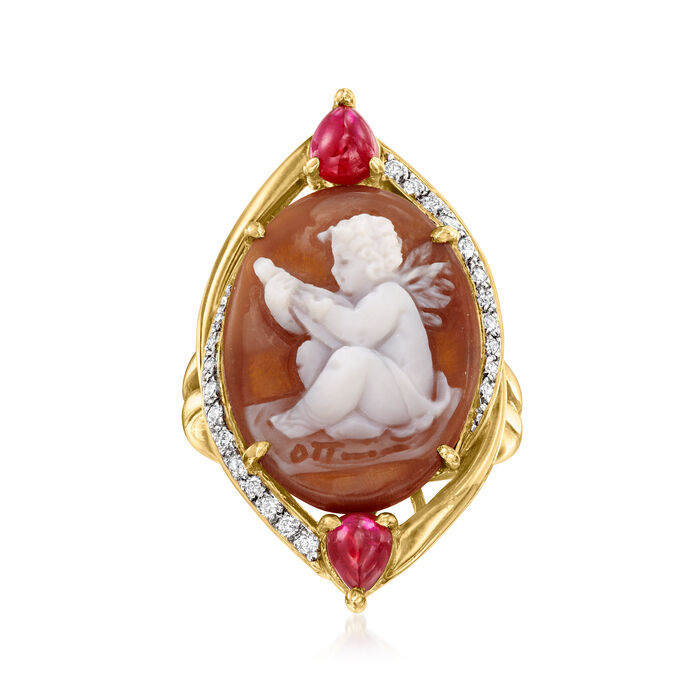 C. 1980 Vintage Brown Shell Cameo Ring with .70 ct. t.w. Rubies and .20 ct. t.w. Diamonds in 18kt Yellow Gold