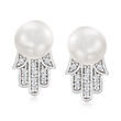 6-6.5mm Cultured Pearl and .10 ct. t.w. Diamond Hamsa Earrings in Sterling Silver