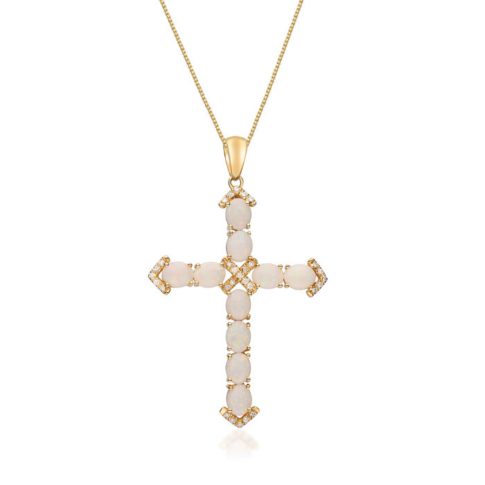 Opal Cross Pendant Necklace with .10 ct. t.w. Diamonds in 14kt Yellow Gold